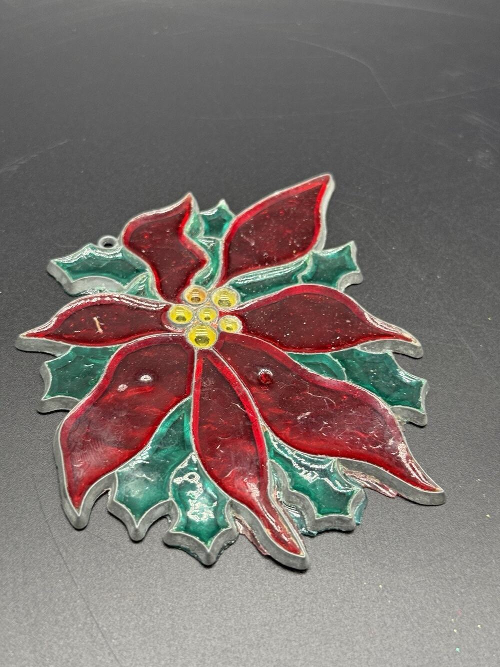 Stained Glass Sun Catcher Poinsettia Red And Green Christmas Vintage